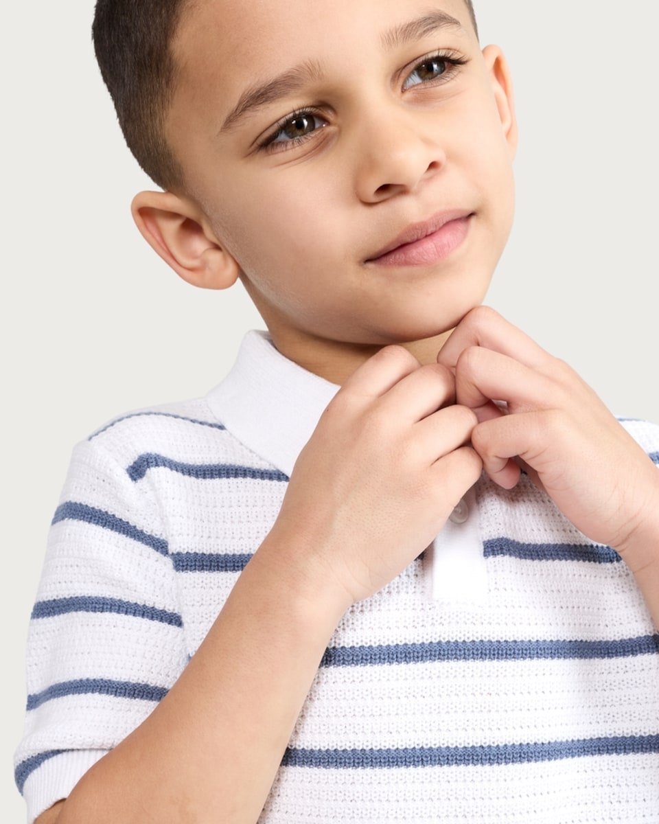 image 1 of F&F Boys 2-Piece Pure Cotton Knitted Striped Polo Shirt and Shorts Set in Blue