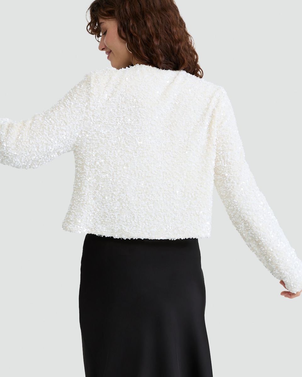 image 1 of F&F Sequin Faux Velvet Bow Jacket in Cream