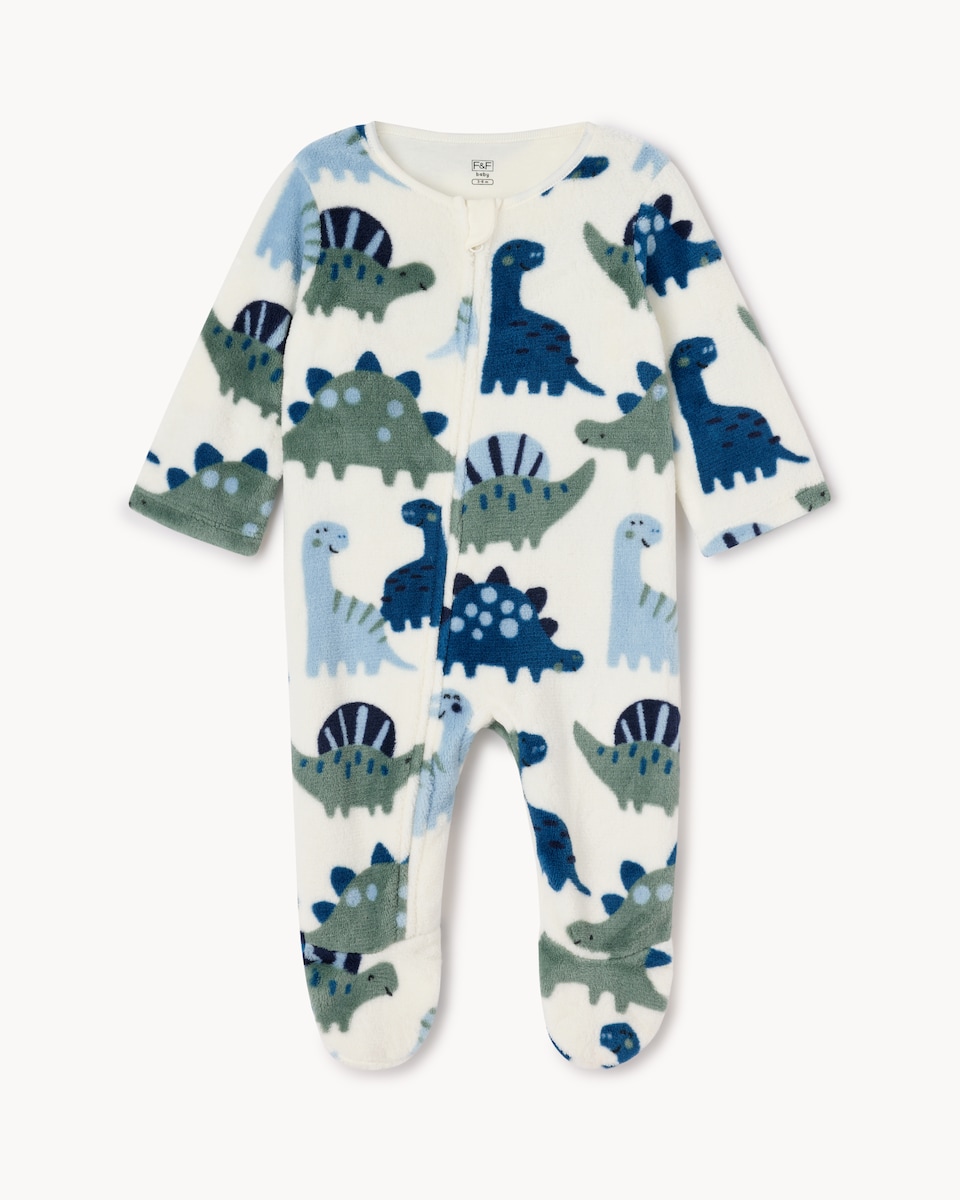 image 1 of F&F Baby Dinosaur Print Fleece Sleepsuit in Blue