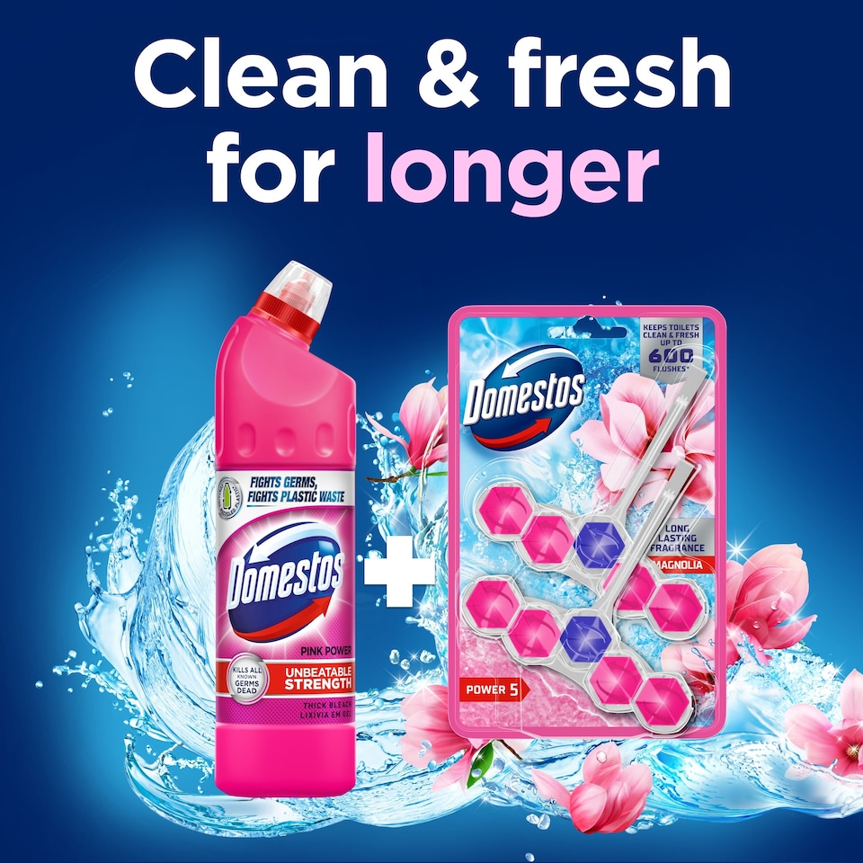 image 1 of Domestos Power 5 Rim Toilet Rim Block Fresheners Pink Magnolia 2x 50g