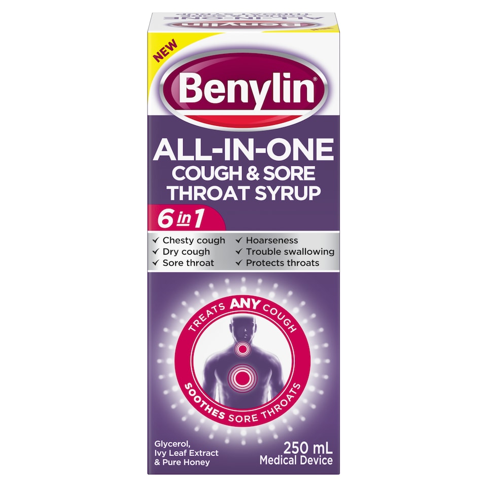 image 1 of Benylin All in one Cough & sore throat syrup 250ml