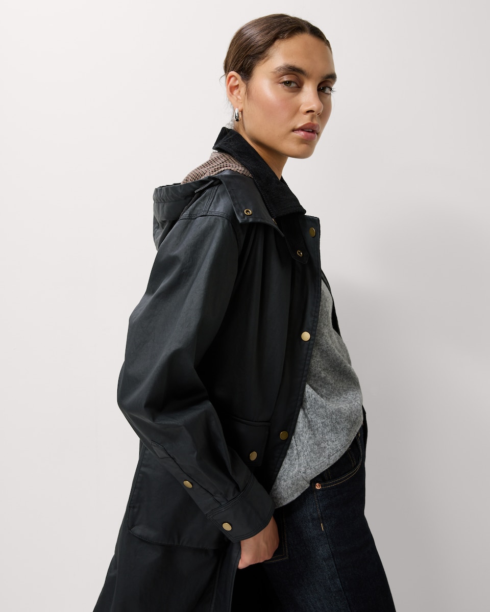 image 1 of F&F Pure Cotton Waxed Hooded Trench Coat in Black