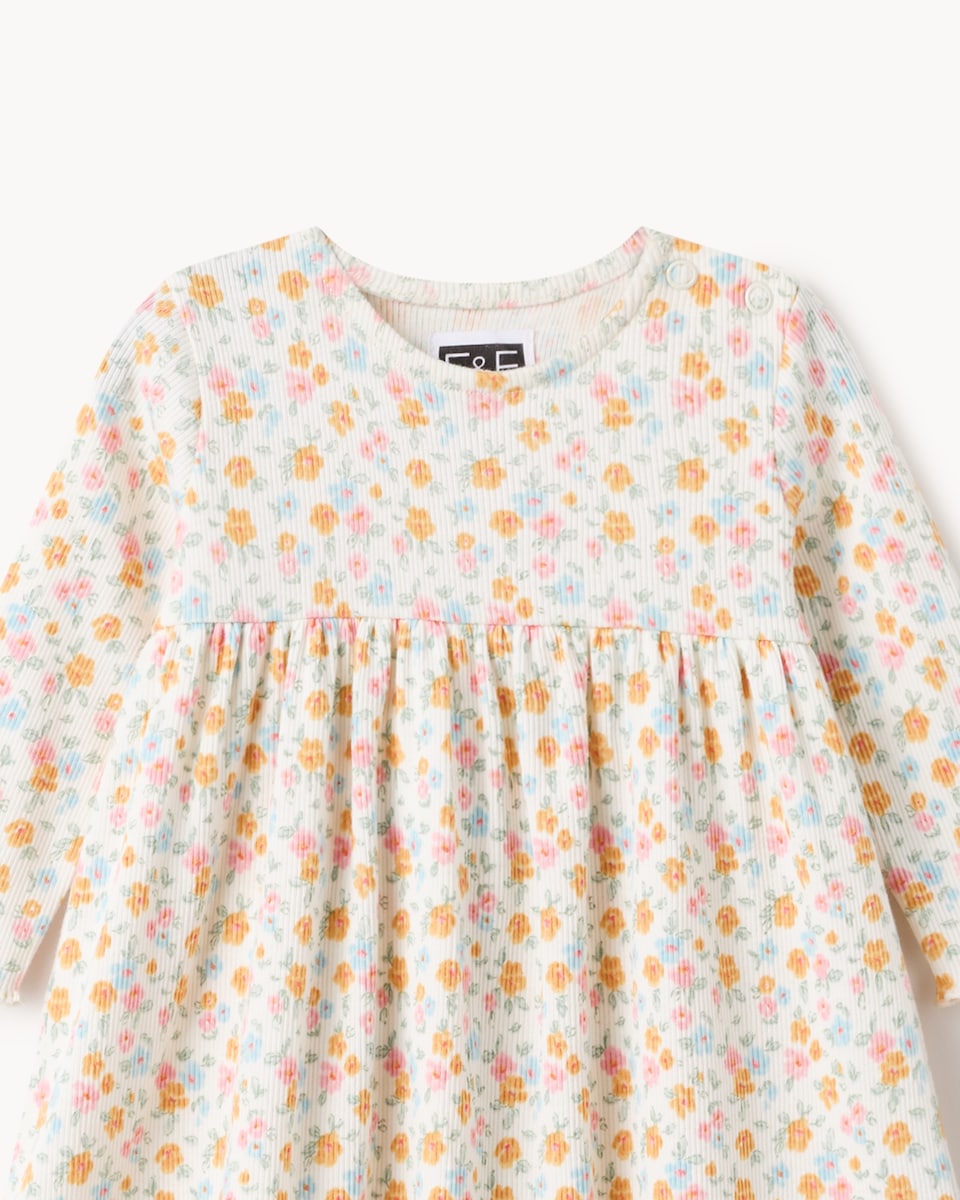 image 1 of F&F Baby Cotton Rich Ribbed Floral Dress in Cream