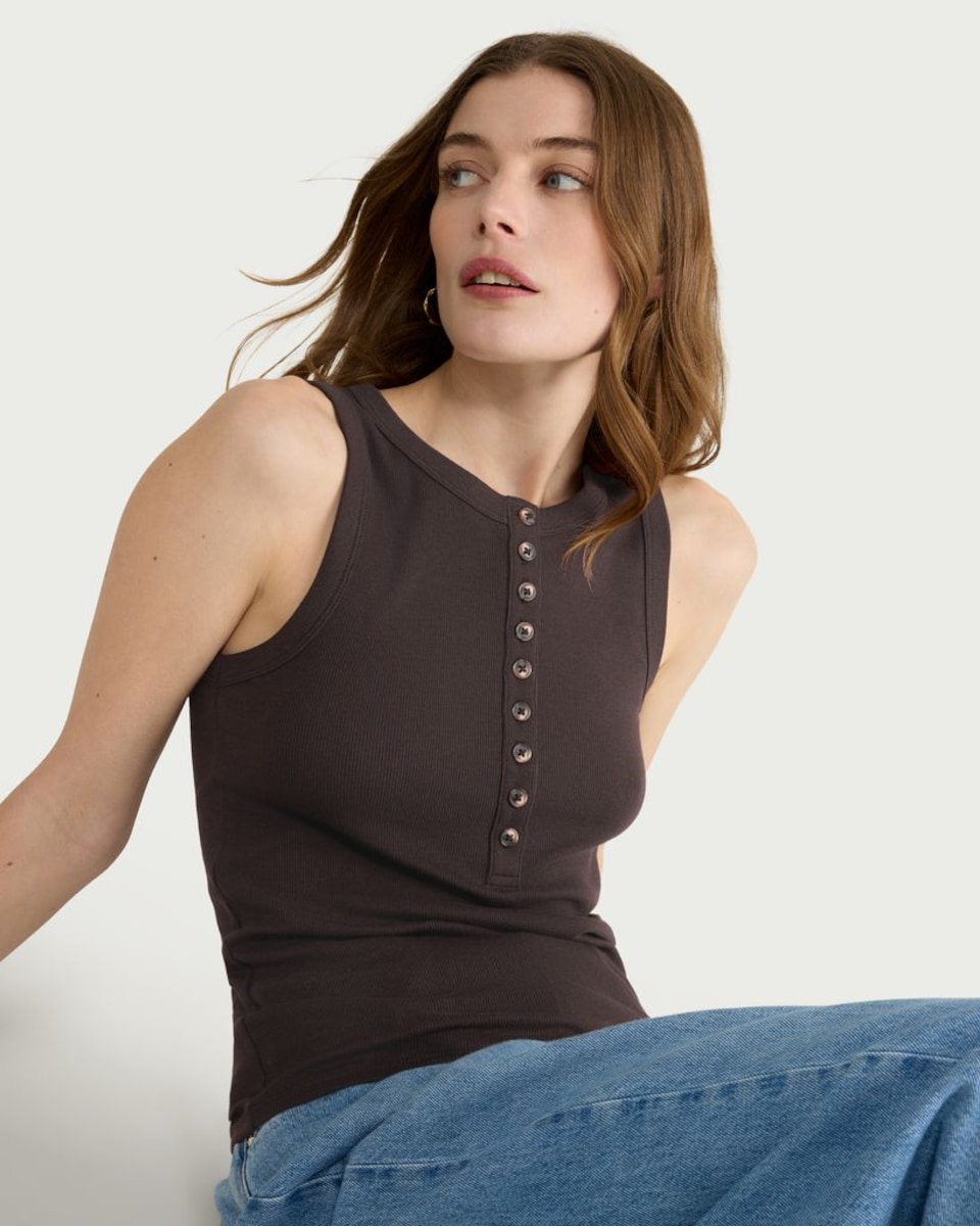 image 1 of F&F Cotton Rich Ribbed Button Front Vest in Brown