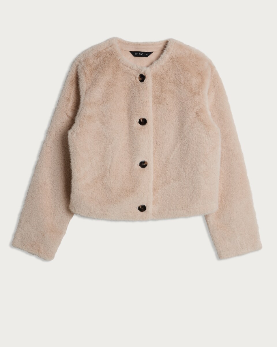 image 1 of F&F Faux Fur Cropped Buttoned Jacket in Neutral