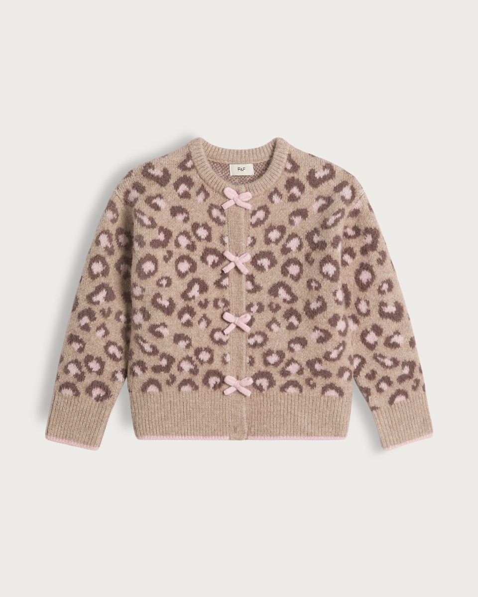 image 1 of F&F Girls Leopard Print Bow Cardigan in Brown