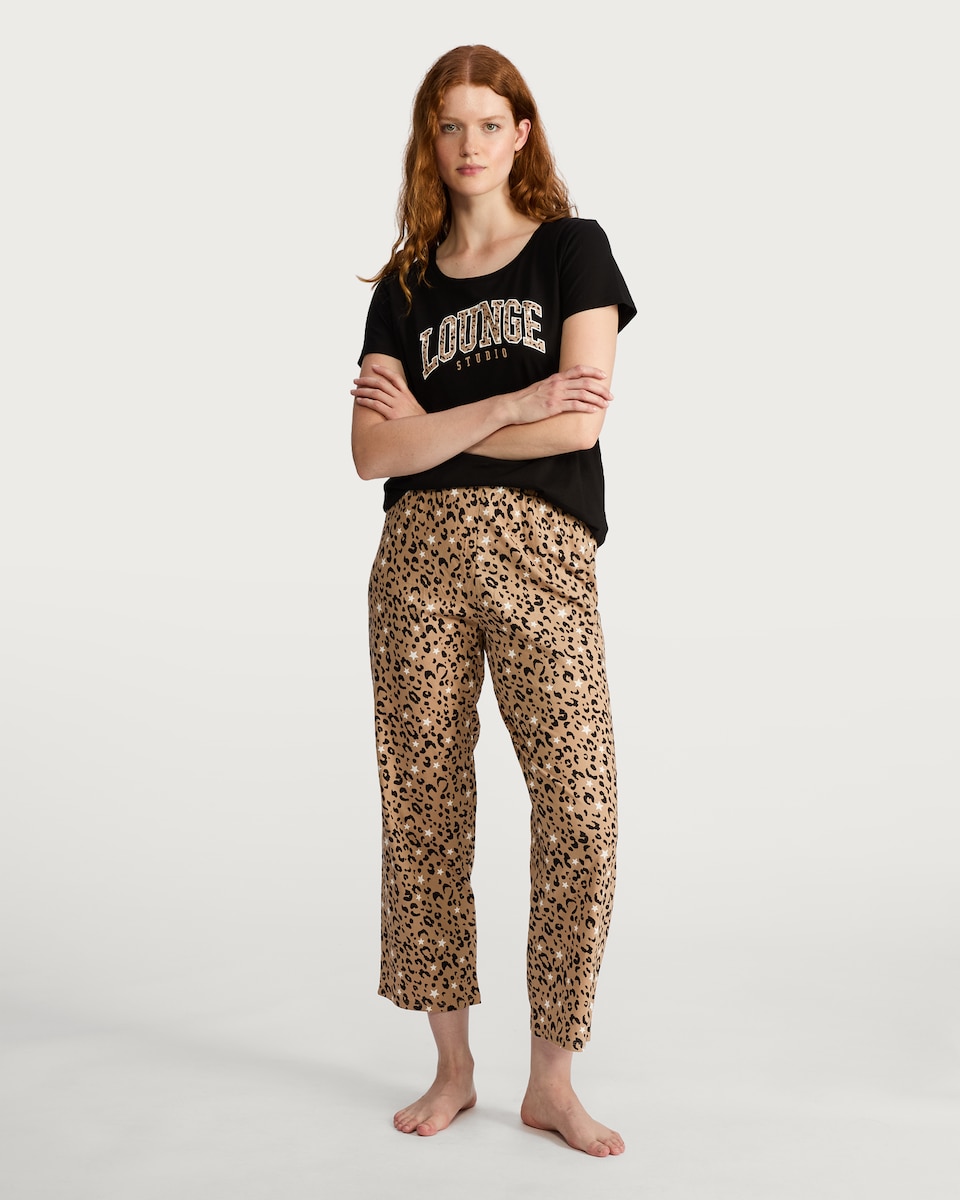 image 1 of F&F Pure Cotton Leopard Print Lounge Studio Pyjama Set in Multi Black