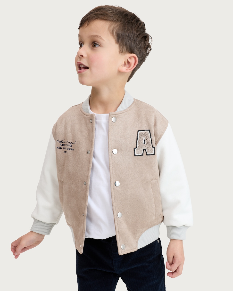 image 1 of F&F Boys Faux Suede Varsity Bomber Jacket in Stone