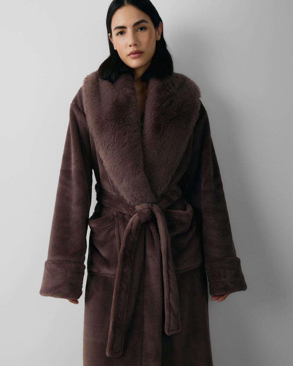 image 1 of F&F Faux Fur Shawl Neck Dressing Gown in Neutral