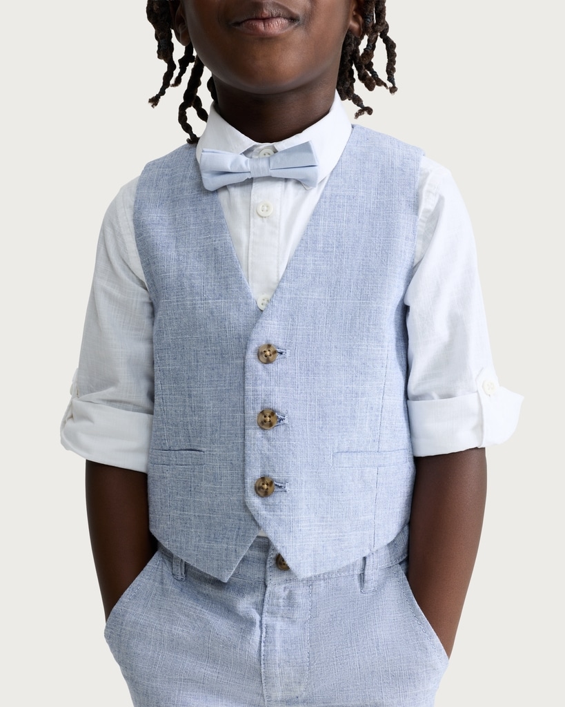 F&F Boys 3-Piece Pure Cotton Waistcoat, Shirt and Shorts Set in Blue