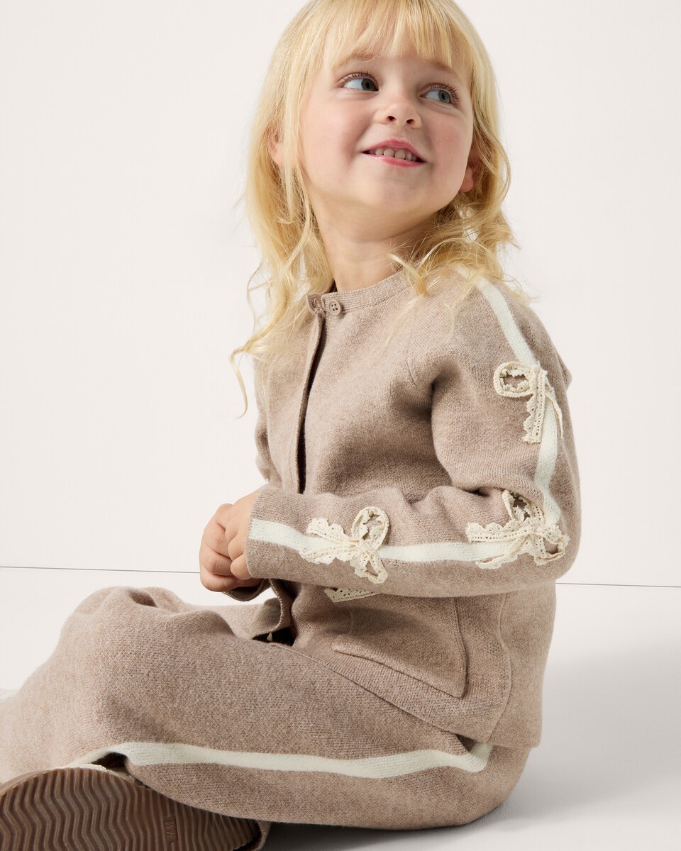 image 1 of F&F Girls Knitted Bow Cardigan and Wide Leg Trousers Set in Tan