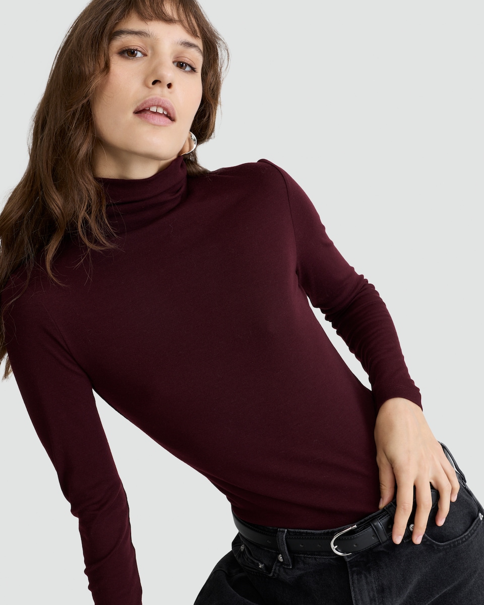 image 1 of F&F Roll Neck Long Sleeved Top with Wool in Burgundy