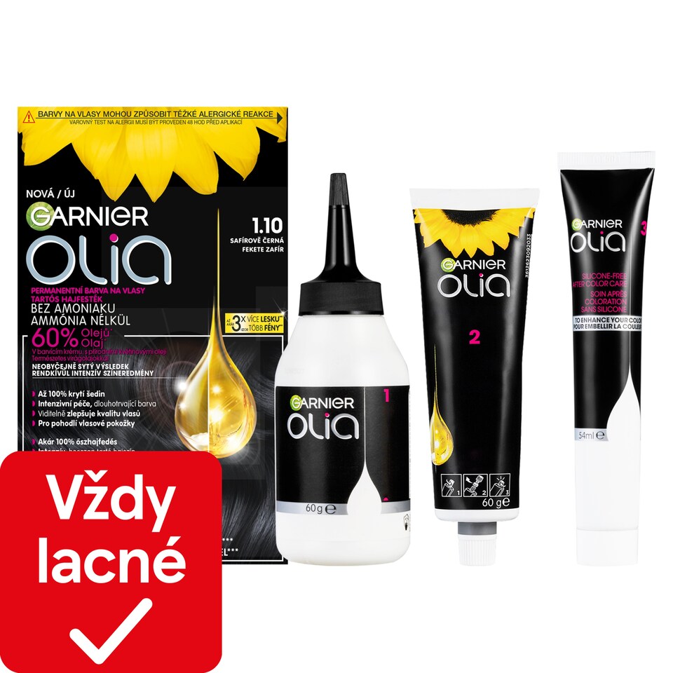Garnier Olia permanentná farba na vlasy 1 .10 Zafírovo čierna, 60 +60 +54 ml