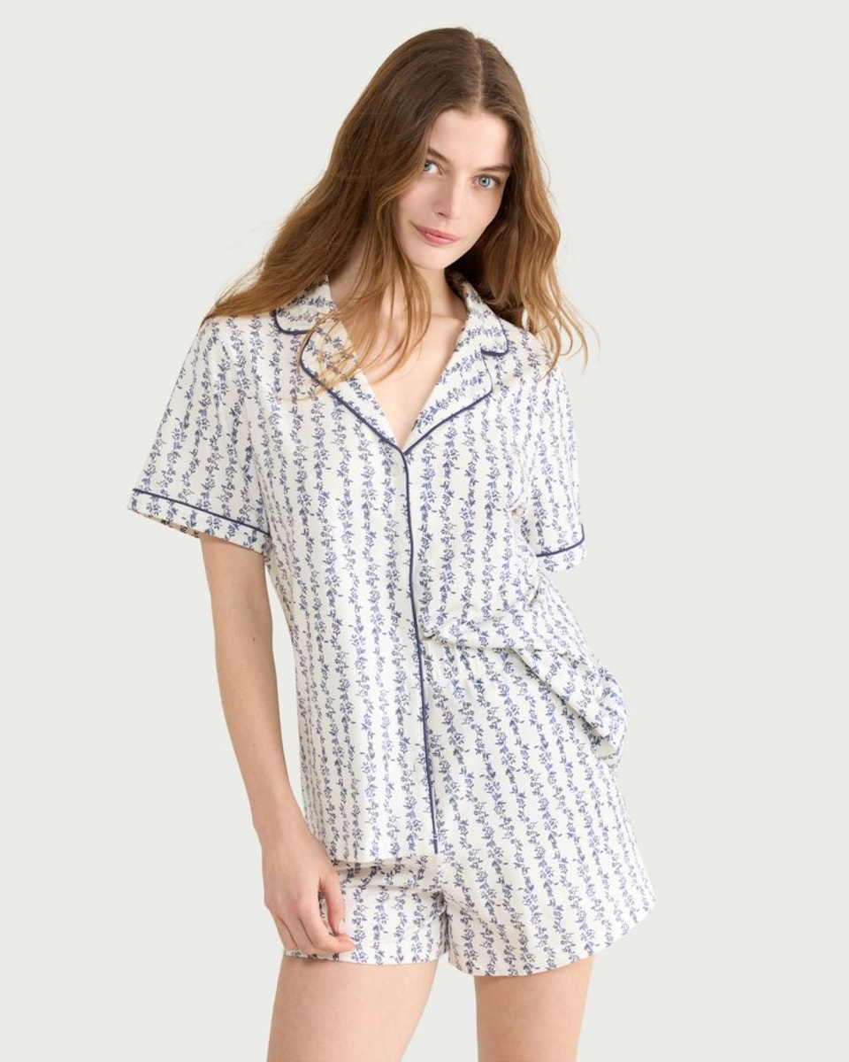 image 1 of F&F Pure Cotton Floral Print Revere Short Pyjama Set in Multi Blue