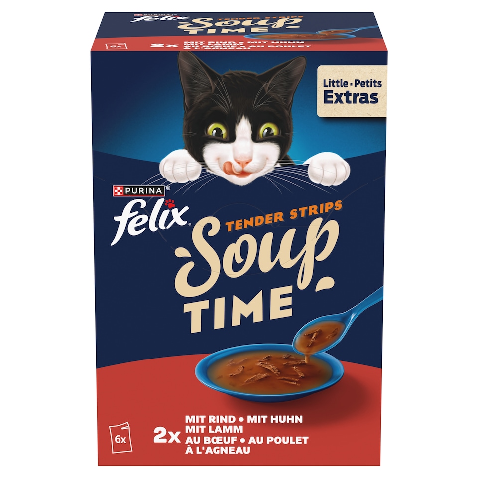 Purina Felix Soup Tender Strips házias válogatás szószban nedves macskaeledel falatkákkal 6 x 48 g