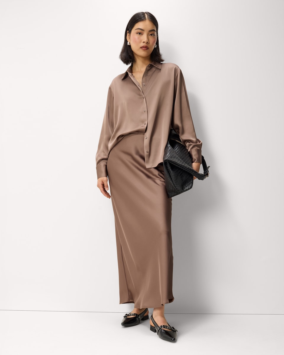 image 1 of F&F Satin Collared Oversized Co-ord Shirt in Mink