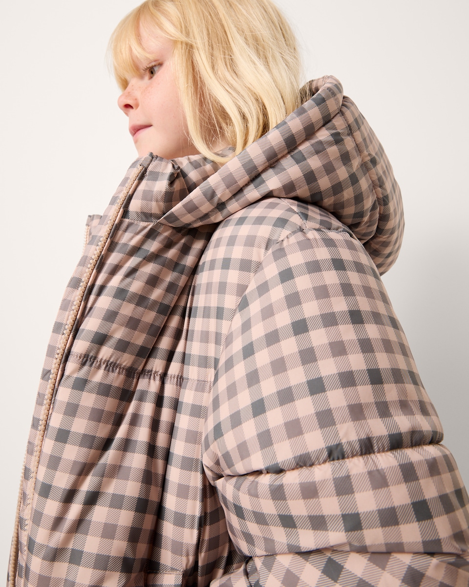 image 1 of F&F Girls Check Shower Resistant Puffer Jacket in Brown