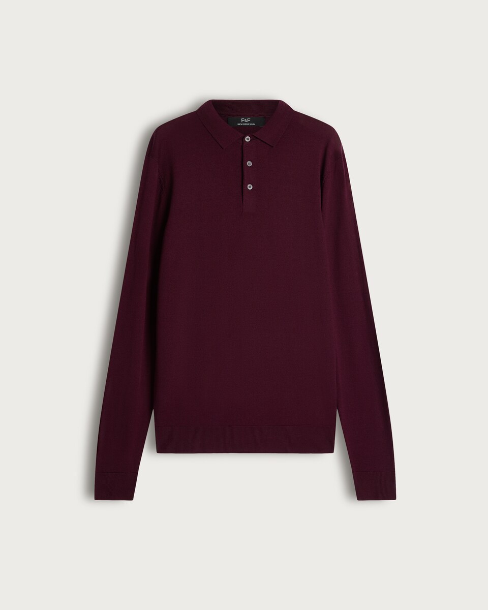 image 1 of F&F Pure Merino Wool Long Sleeved Polo Shirt in Burgundy