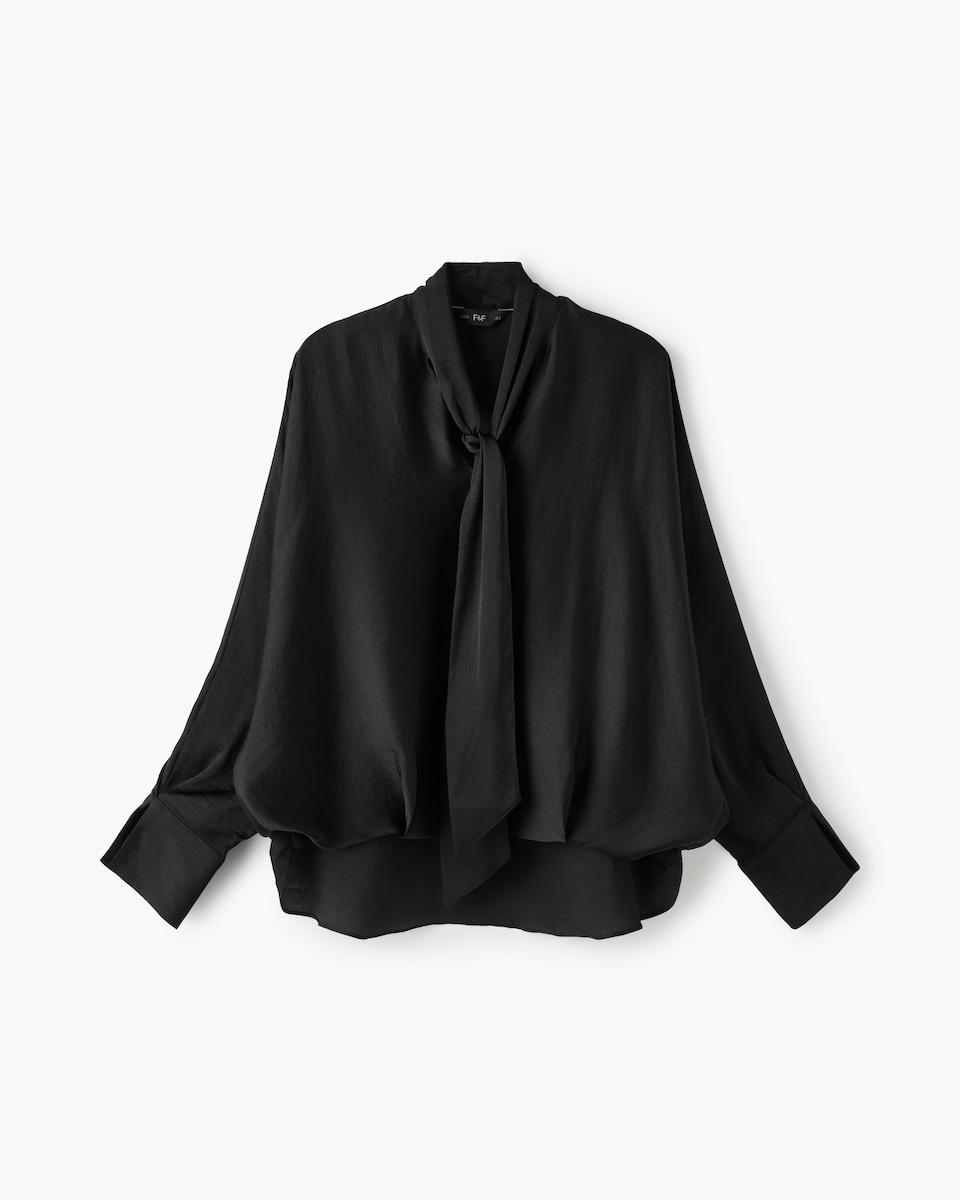 image 1 of F&F Satin Tie Neck Blouse in Black