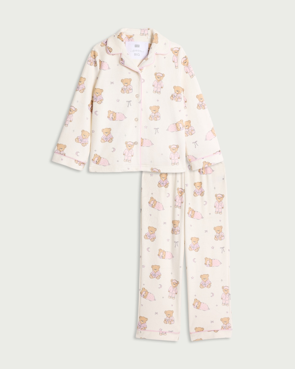 F&F Girls Fleece Teddy Bear Print Pyjama Set in Multi