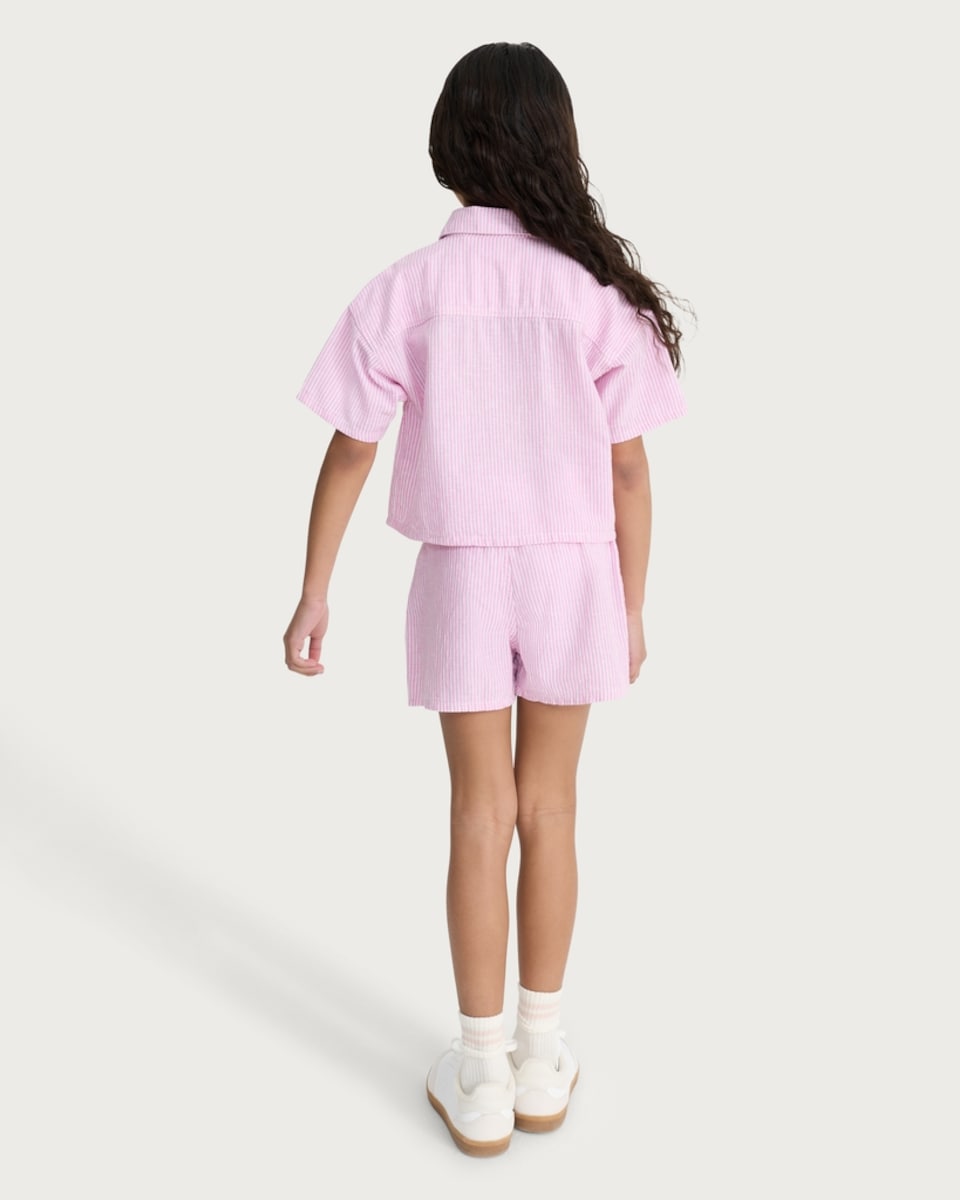 image 1 of F&F Girls 2-Piece Cotton Rich Striped Shirt and Shorts Set in Pink