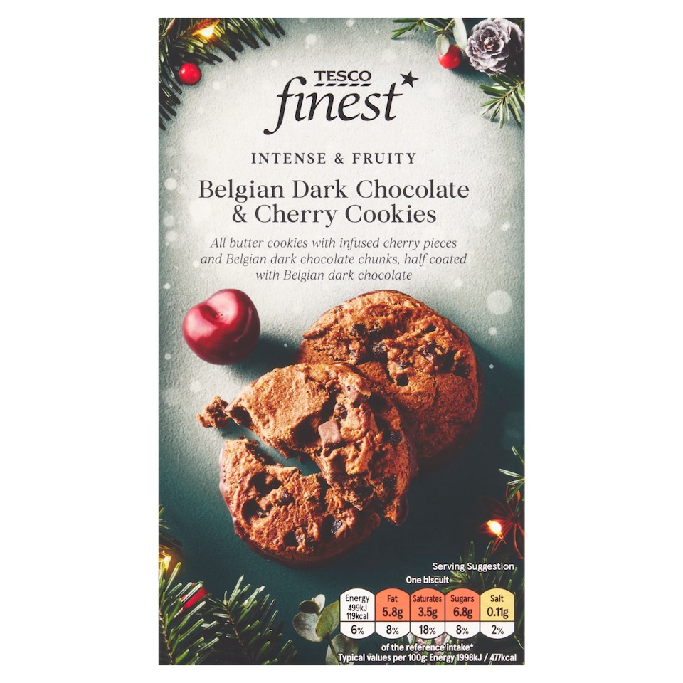 Tesco Finest Máslové sušenky s kousky s třešňovou příchutí a kousky belgické hořké čokolády 200g