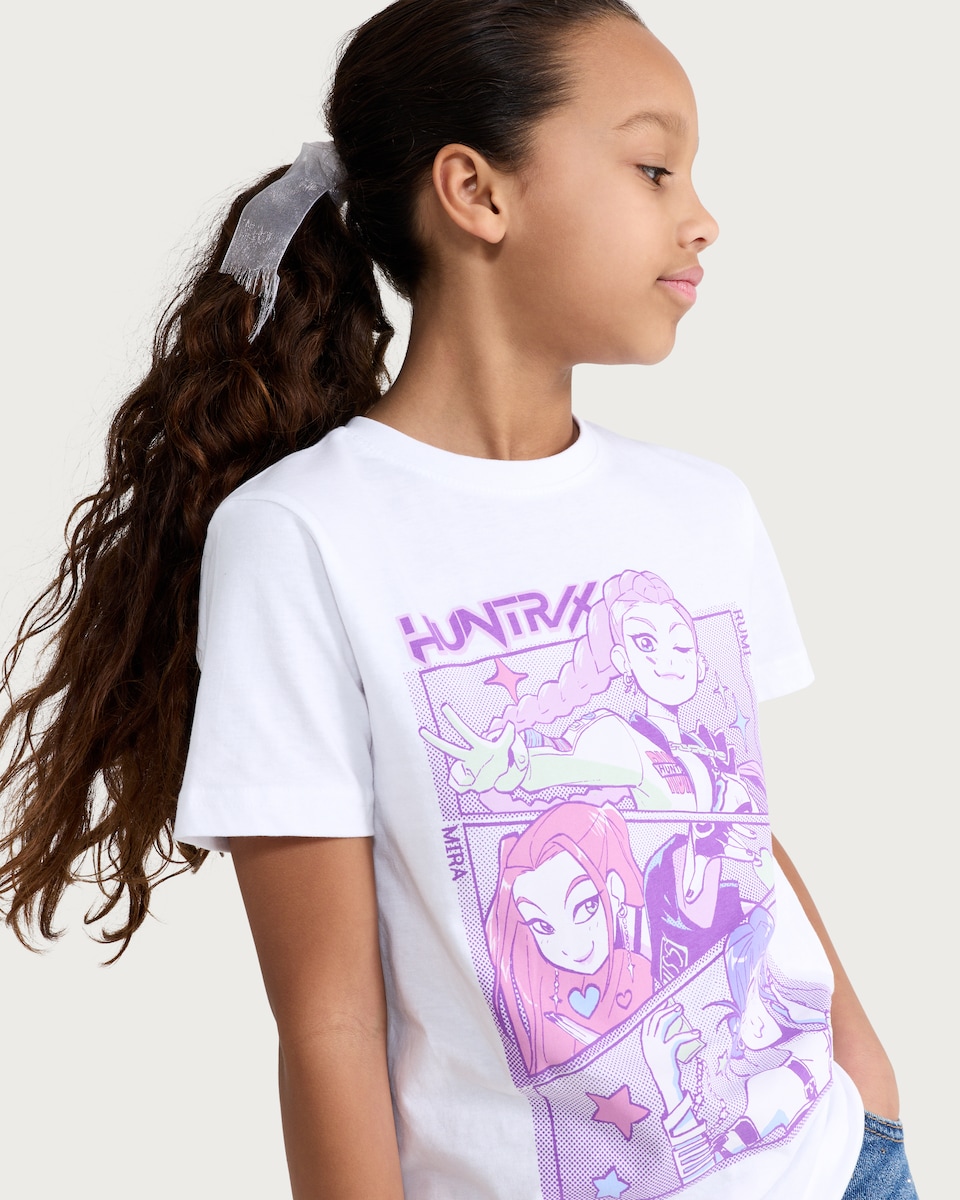 image 1 of K-Pop Demon Hunters Pure Cotton Huntrix Print T-Shirt in White