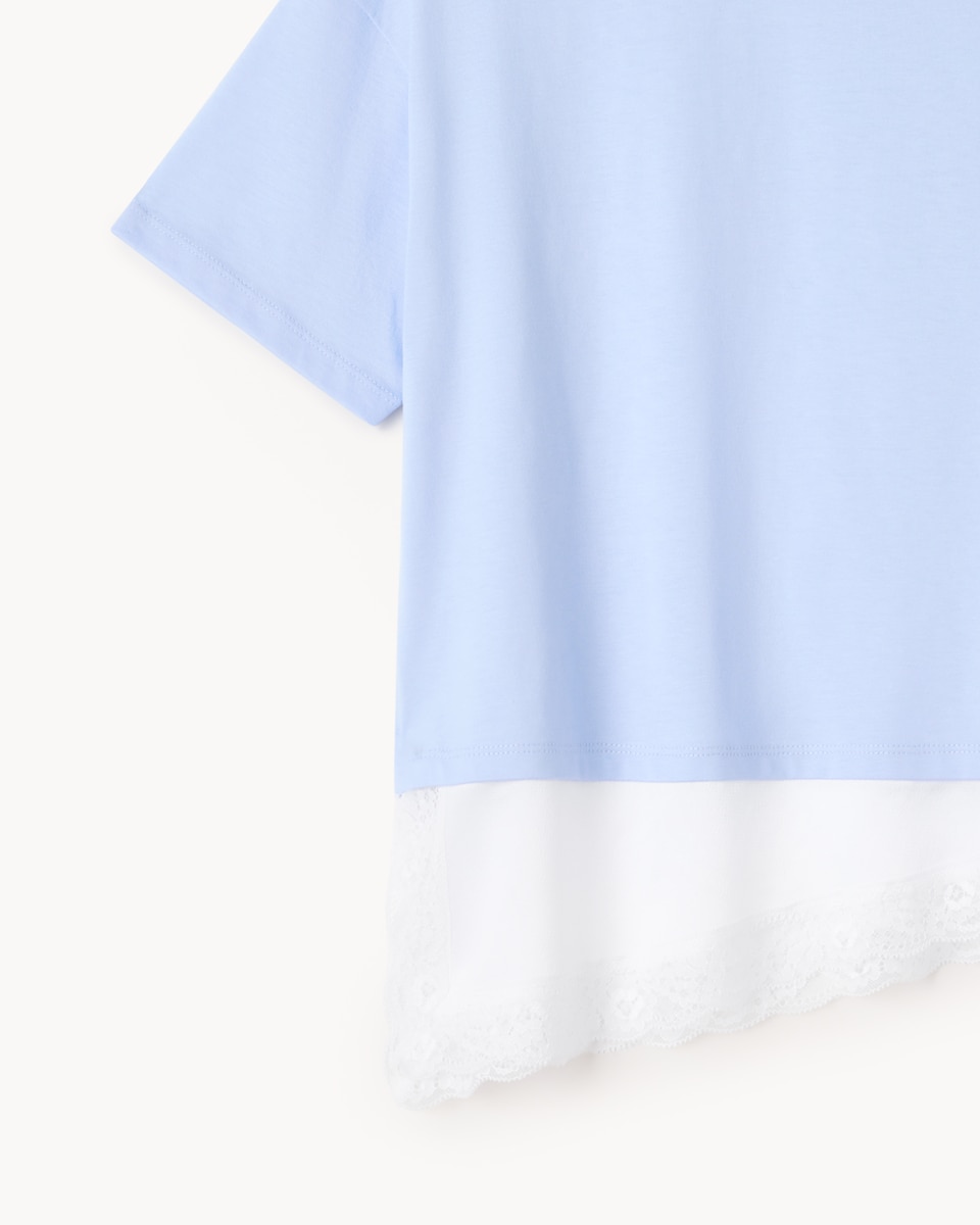 image 1 of F&F Girls Pure Cotton Lace Hem T-Shirt in Blue