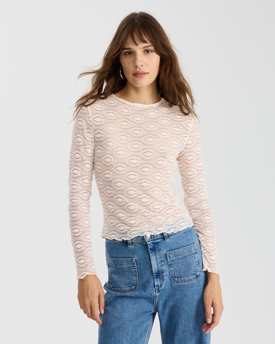 image 1 of F&F Textured Patterned Long Sleeved Top with Cotton in Cream