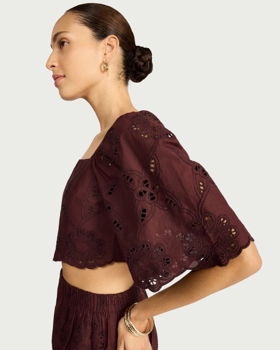 image 1 of F&F Pure Cotton Embroidered Square Neck Crop Co-ord Top in Multi Red
