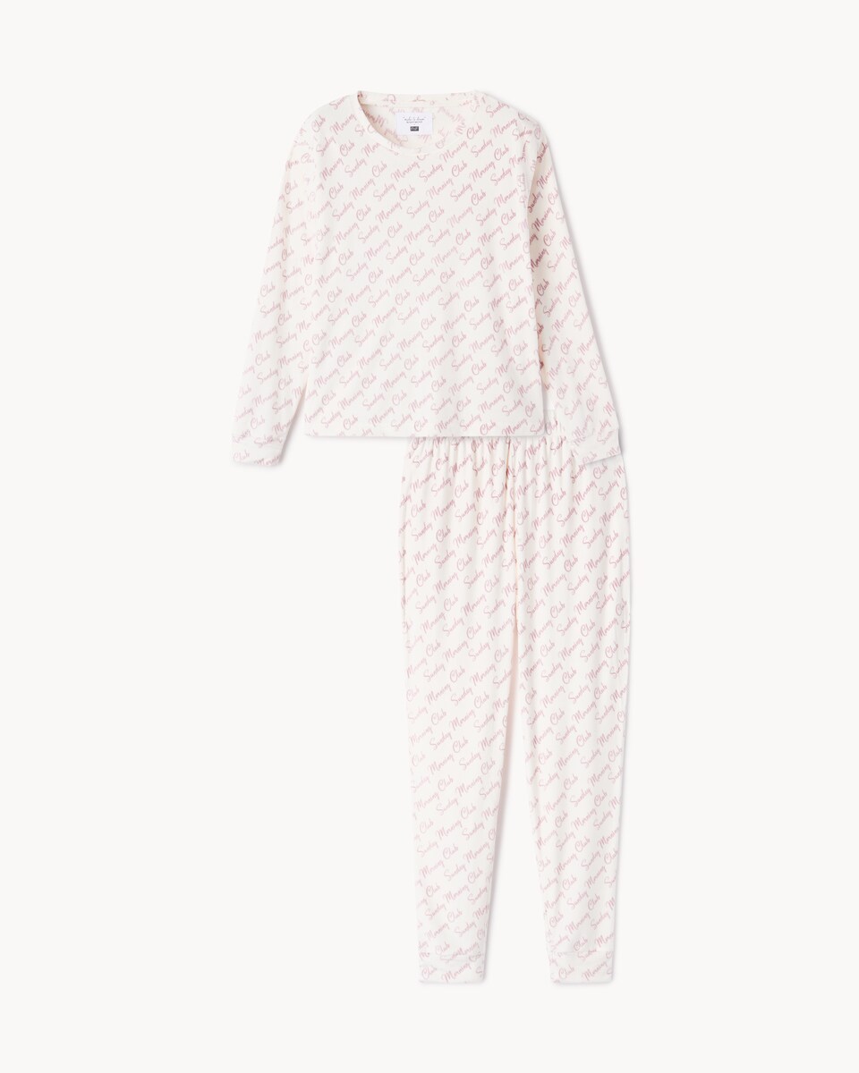 image 1 of F&F Fleece Sunday Morning Club Pyjama Set in Cream