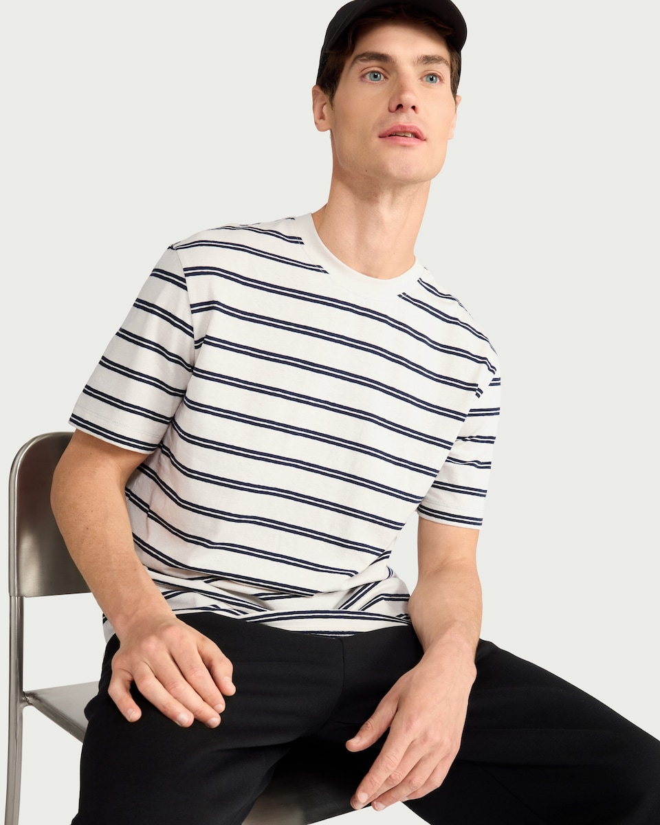 image 1 of The F&F Edit Linen Rich Striped T-Shirt in Ecru