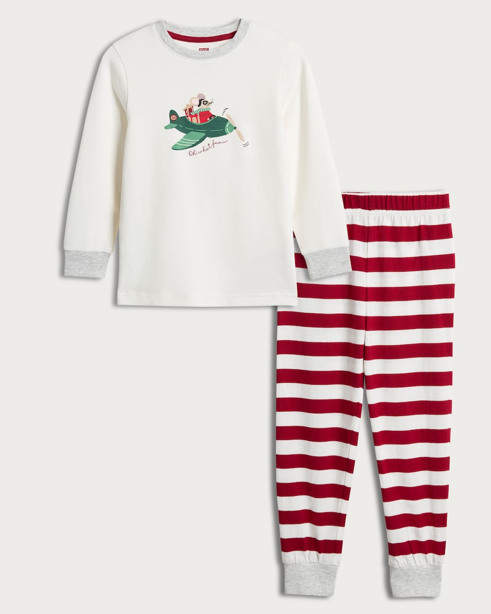 image 1 of F&F Boys Pure Cotton Mouse Aeroplane Print Top and Joggers Pyjamas in Cream Multi