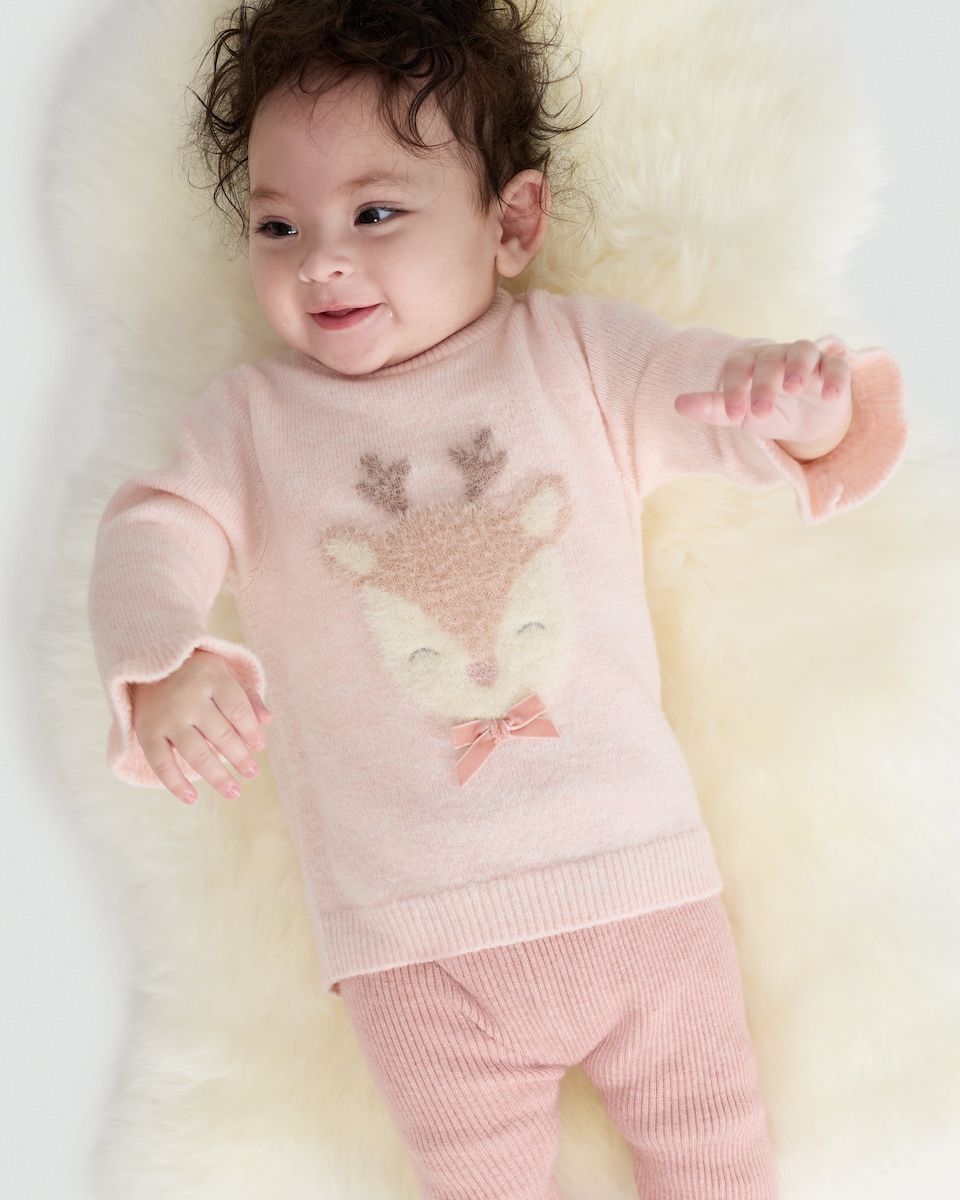 image 1 of F&F Baby Fluffy Reindeer Jumper in Stone