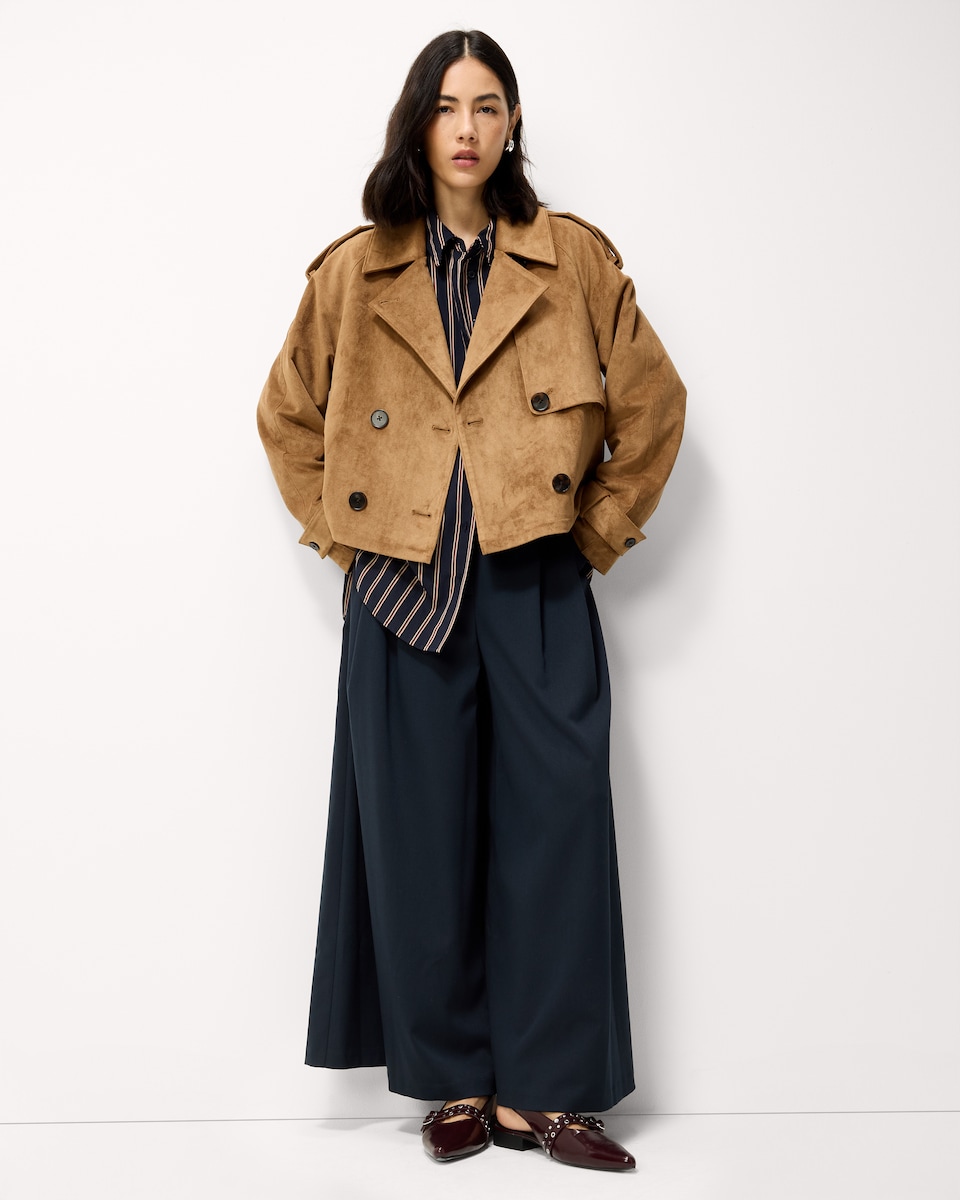 image 1 of F&F Faux Suede Cropped Trench Jacket in Med Nude