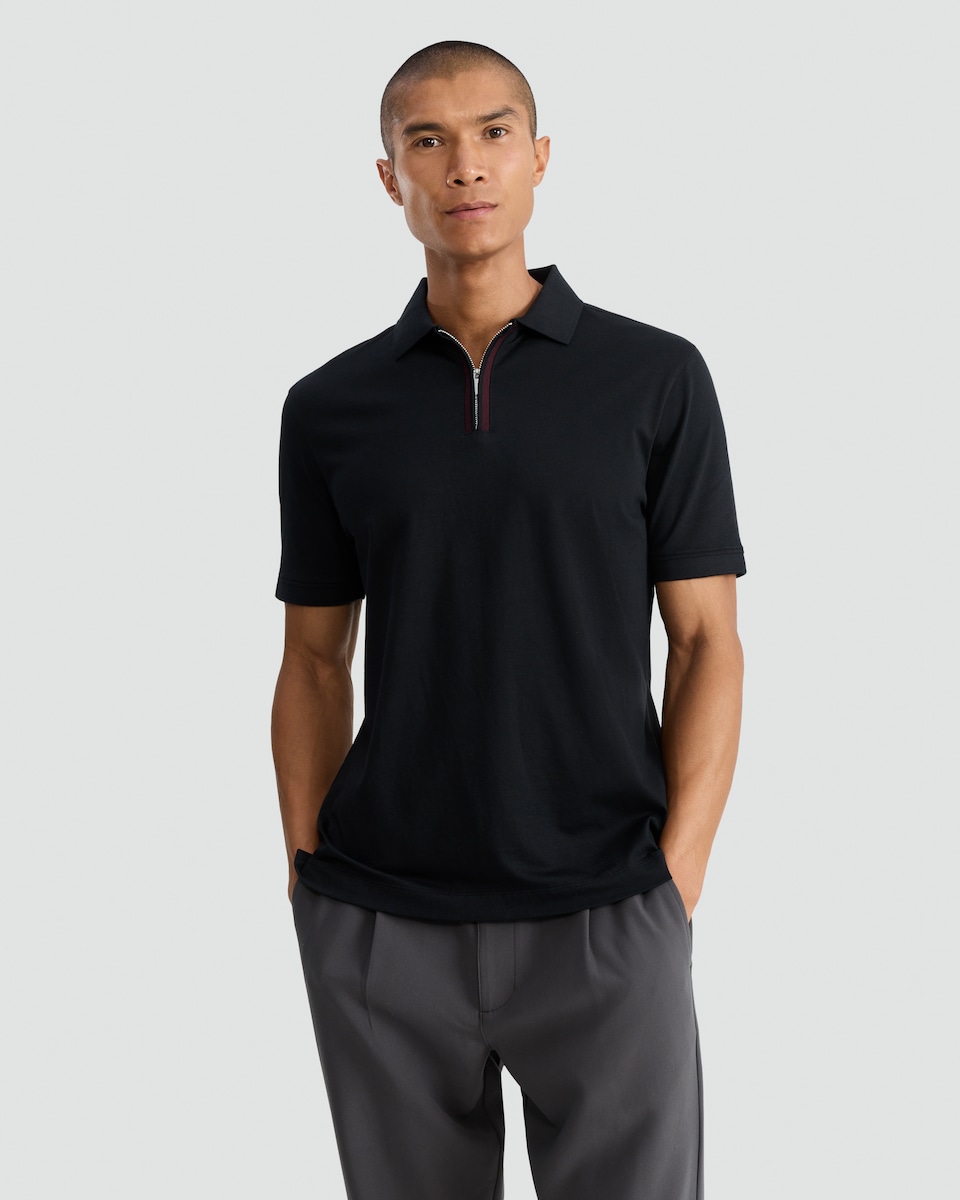 image 1 of F&F Pure Cotton Zip Neck Short Sleeved Polo Shirt in Black