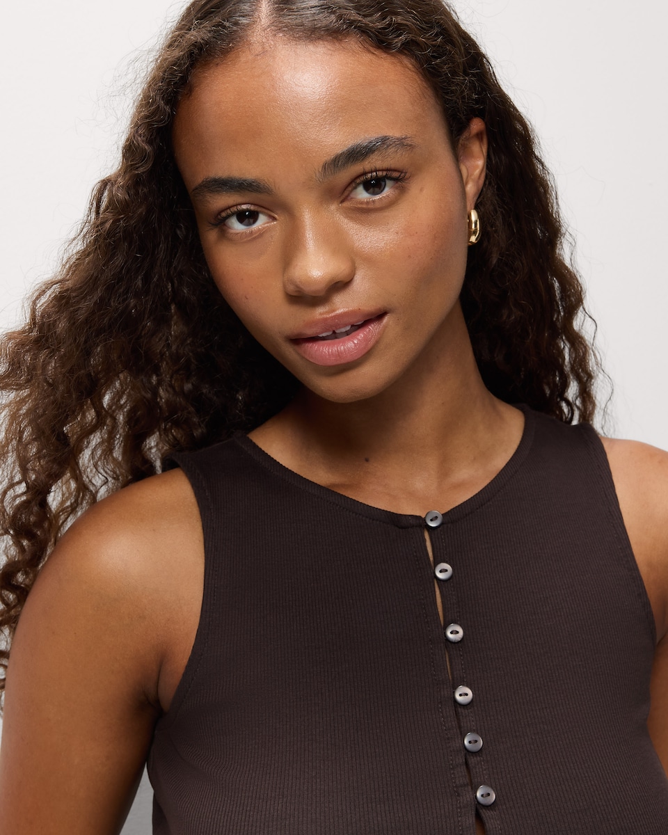 image 1 of OH ME OH MY Cotton Rich Ribbed Button Up Vest in Chocolate