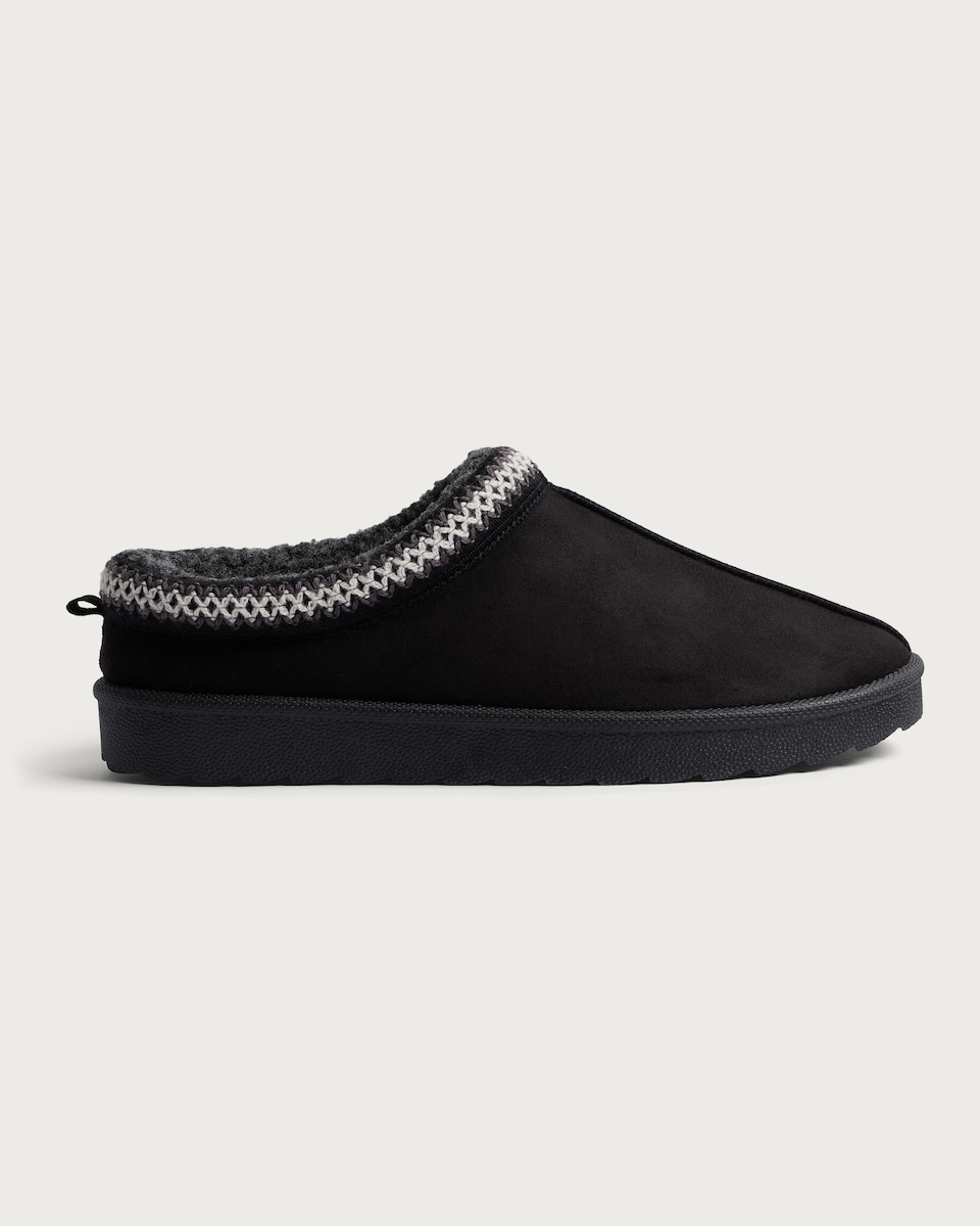 image 1 of F&F Faux Fur Lined Embroidered Mule Slippers in Black