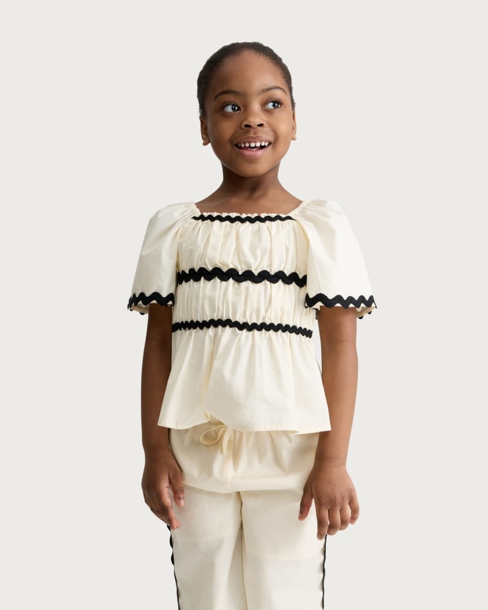 image 1 of F&F Girls 2-Piece Pure Cotton Contrast Trim Top and Trousers Set in Cream