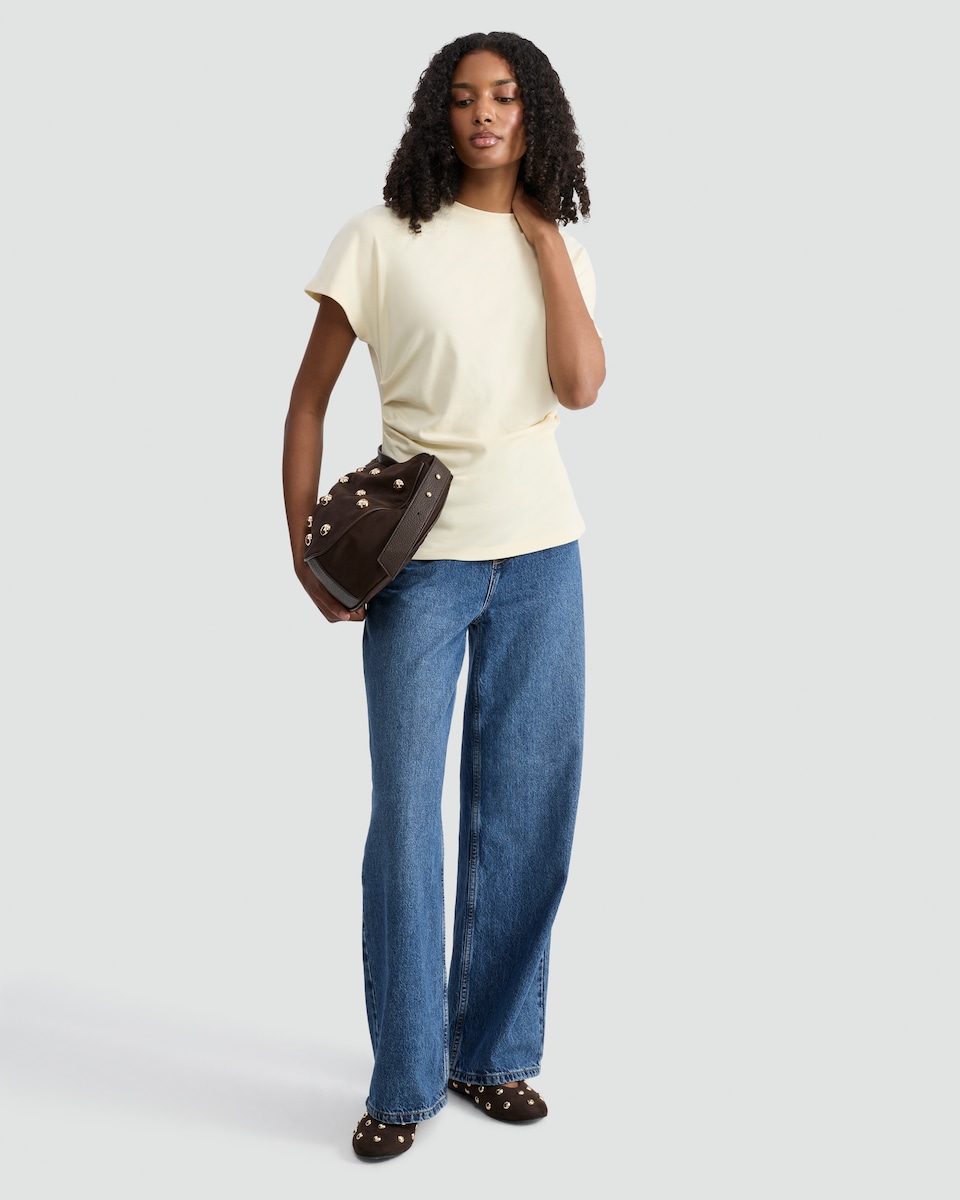 image 1 of F&F Pure Cotton Ruched Side Short Sleeved T-Shirt in Yellow