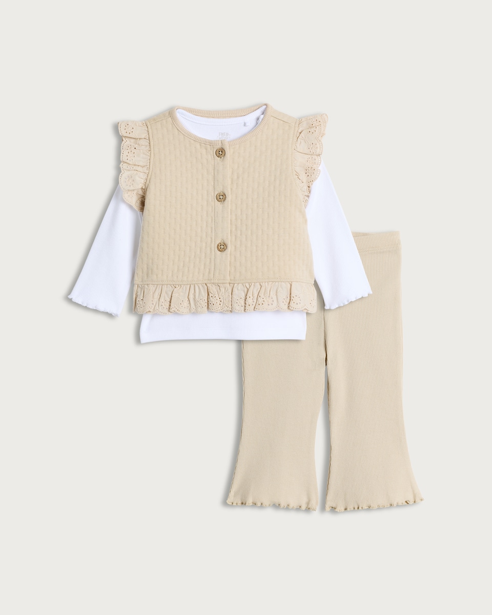 image 1 of F&F Baby 3-Piece Top, Waistcoat and Flared Leggings in Stone