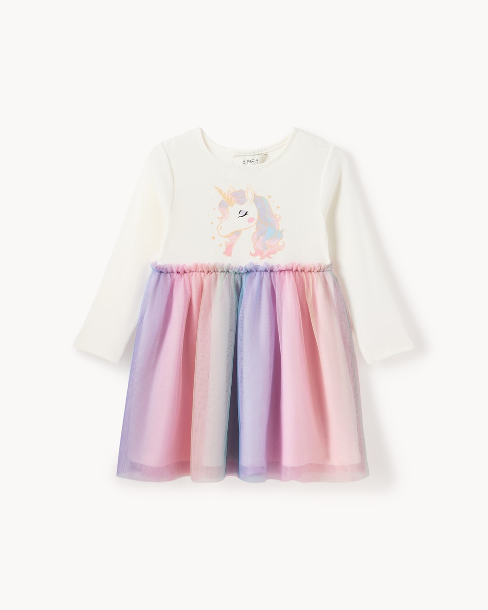 image 1 of F&F Girls Cotton Rich Unicorn Tulle Dress in Multi Pink