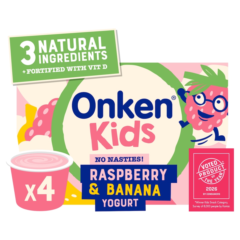 image 1 of Onken Kids Raspberry & Banana Yoghurt 4 x 90g
