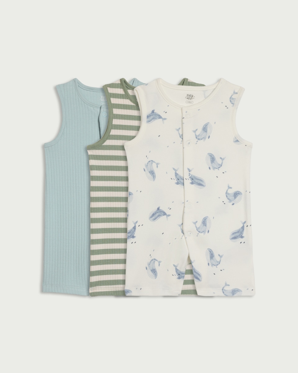 image 1 of F&F Baby 3-Pack Whale Print Sleeveless Rompers in Multi