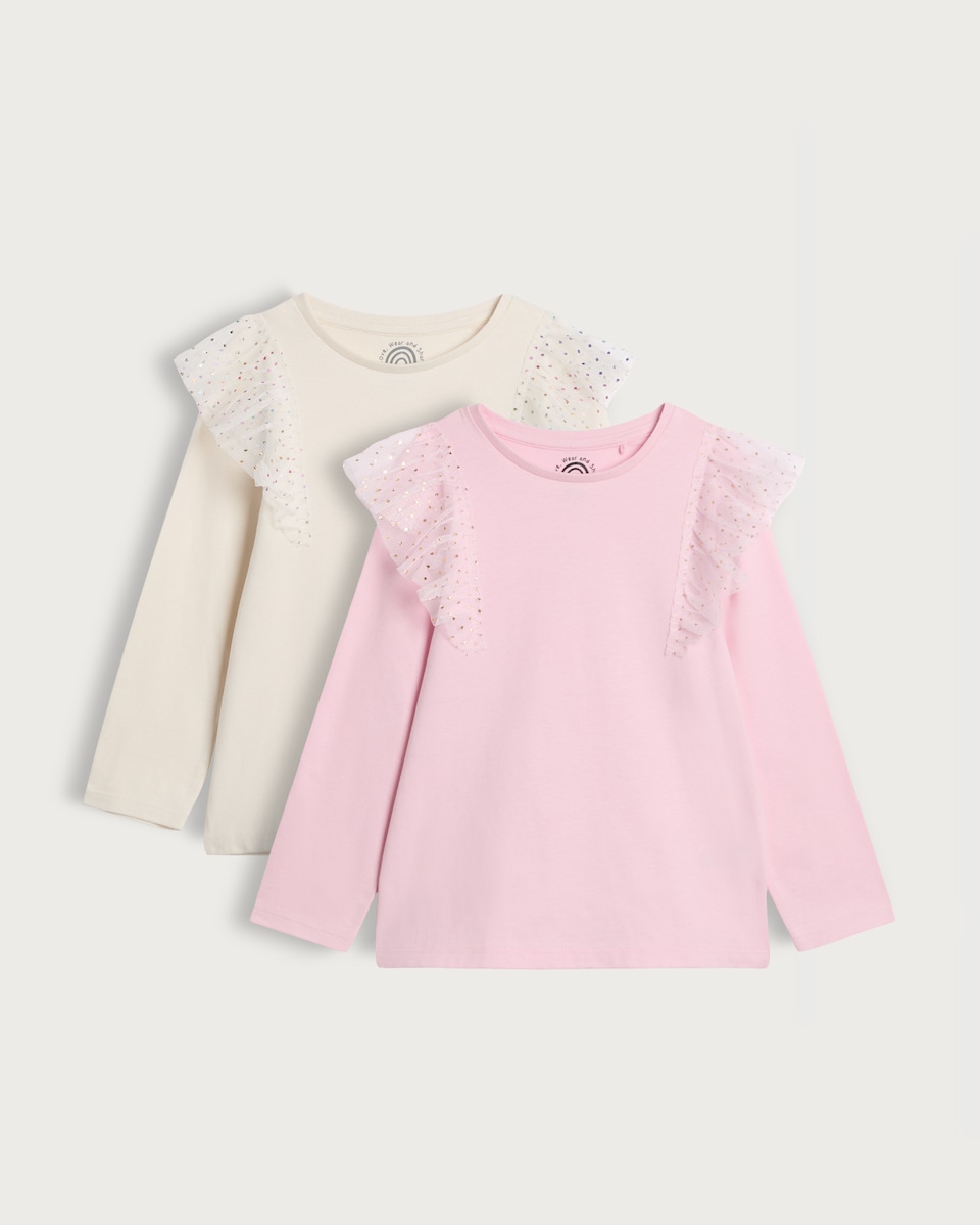 image 1 of F&F Girls 2-Pack Pure Cotton Long Sleeved Ruffle Tops in Multi