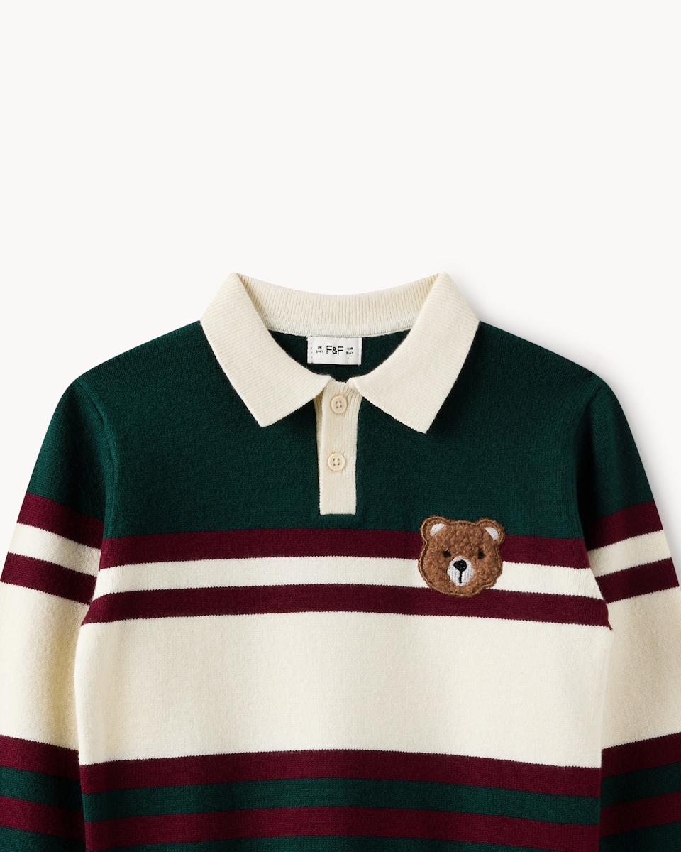 image 1 of F&F Boys Striped Teddy Rugby Jumper in Green