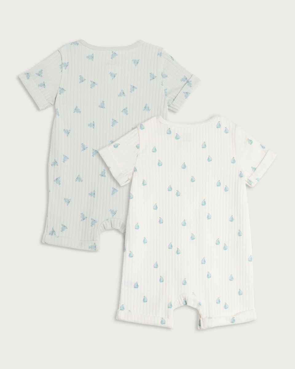 image 1 of F&F Baby 2-Pack Cotton Rich Ribbed Short Sleeved Rompers in Green