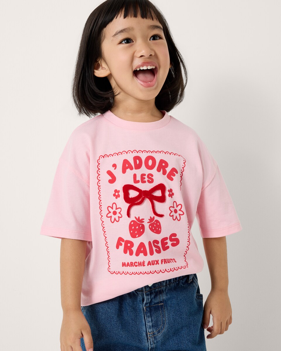 image 1 of F&F Girls Pure Cotton Strawberry Print T-Shirt in Pink