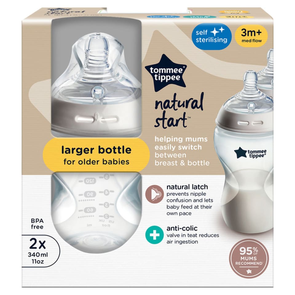 image 1 of Tommee Tippee Baby Bottles, Natural Start Anti-Colic Baby Bottle, Medium Flow, 340ml, 3m+, Pack of 2