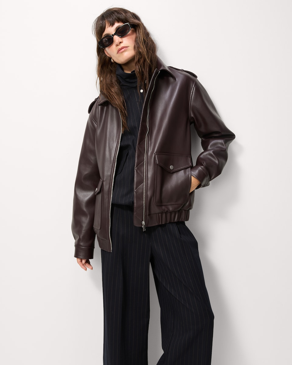 image 1 of F&F Faux Leather Patch Pocket Jacket in Burgundy